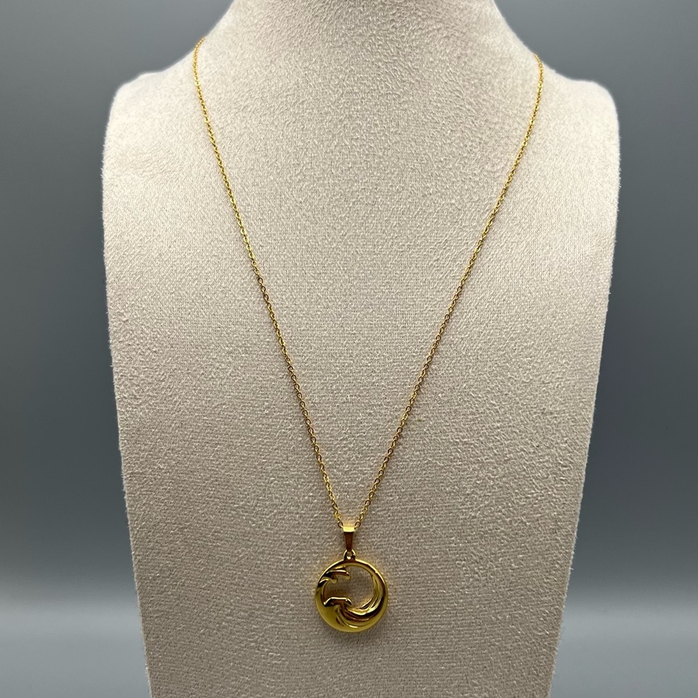 Ocean Wave Pendant Necklace, Gold Tone